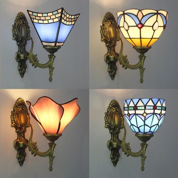 Стенен лампа от витражного стъкло Tiffany за спалня, Нощни стенни лампи, декорация на банята, хола, led осветление стена за хотел