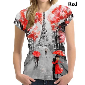 Тениска 2023, лятна Парижки модни Дамски Ежедневни тениски с 3D принтом, Къс ръкав, Айфеловата кула, Свободна мека и удобна тениска