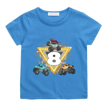 Тениска Monster Truck Birthday 8th, лятна памучен тениска с кръгло деколте за момчета и момичета, детски тениски с анимационни принтом