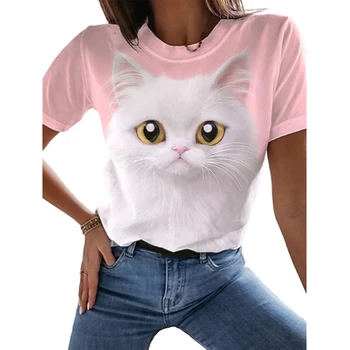 Тениска с изображение на животно котка, Дамски ризи, Дамски дрехи с 3D принтом котка, едно и също нещо за двойки, свежа ежедневна тениска, удобен топ