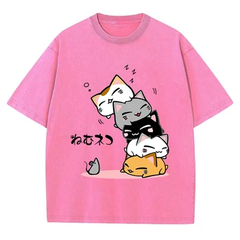 Тениски с красиви наборными котки, спящи, Не видящими мишката, Мъжки тениски от промит памук Големи размери, Градинска луксозна лятна тениска