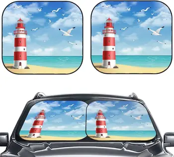 Тропически фар и чайки на брега на морето сенника на предното стъкло на автомобила Автоматично Сгъваема козирка от 2 теми за повечето стъкла