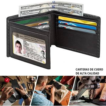 Тънки мъжки портфейли с RFID заключване в три гънки с джоб за монети и прозорец за самоличност Минималистичен чантата за мъже с прозорец за идентификация и 9 отделения за карти