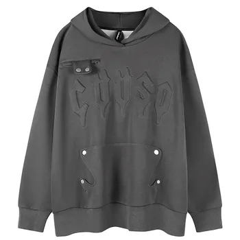 Функционален стил, hoody с множество джобове, мъжки и дамски hoody в стил хип-хоп, пуловер с бродирани пари и букви, палто
