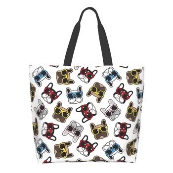 Холщовая чанта-тоут с мультяшными кучета за жени, кухненски чанти за уикенда, за многократна употреба за хранителни стоки чанти на едро, Голяма ежедневни пазарска чанта през рамо