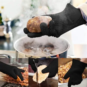 Хранителни Дебели силиконови топлоустойчиви ръкавици за барбекю, Ръкавици за печене, Кухненски Ръкавици с един пръст за готвене във фурната, Ръкавици за печене на Скара, Инструмент за барбекю