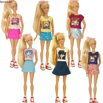 Цветна Лъскава облекло за кукли Барби, Топ, Пола с Анимационни принтом, Чорапи за кукли Барби 1/6, Аксесоари за кукли BJD, Детски играчки