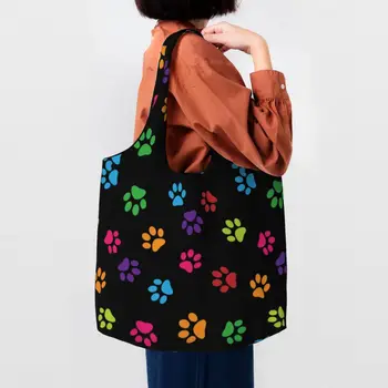 Цветни хранителни чанти с шарките на кучешки лапи, холщовая пазарска чанта на рамо, по-голямата голям здрава чанта