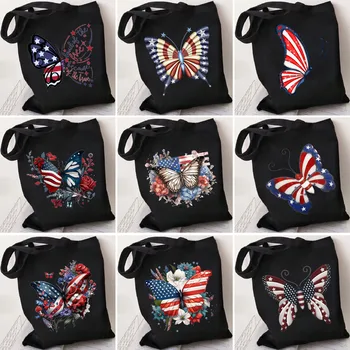 Чанта за пазаруване с винтажным флага на Американската Пеперуда, Патриотическая карта, Цветни Черна Холщовая чанта за Еднократна употреба, Летни Големи чанти През рамо