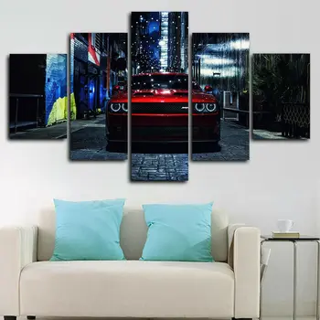Червена спортна кола Dodge Charger, 5 панели, Печат върху платно, Художествен плакат, Картини за дома, Картини за вашия интериор, стаи, HD Печат Без рамка