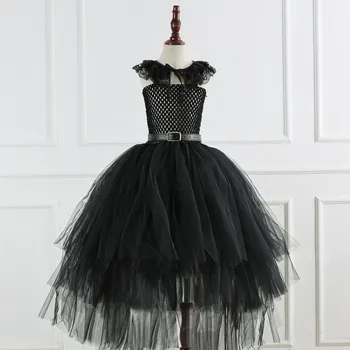 Черна Вечерна рокля за момичета, Детски рокля от тюл без ръкави, Празнична рокля, Вечерна рокля за парти, костюм за cosplay + Колан + лейси наметало