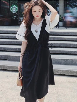 Черно-бяло ежедневното рокля за бременни в корейски стил в стил мозайка, джобове, големи размери, Потънала в ръкав, дантела на талията рокля за бременни