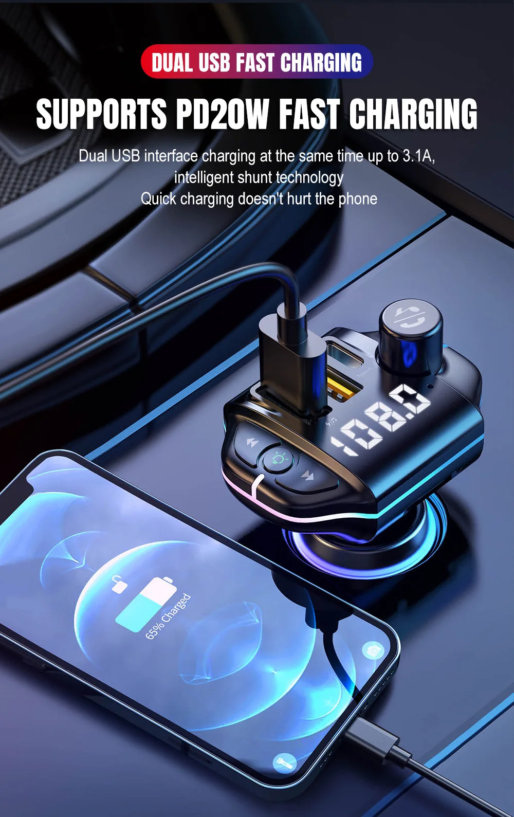 Автомобилен Bluetooth плейър A10 3.1 A, Запалки, зарядно за кола PD, зарядно за кола с два USB, FM трансмитер0