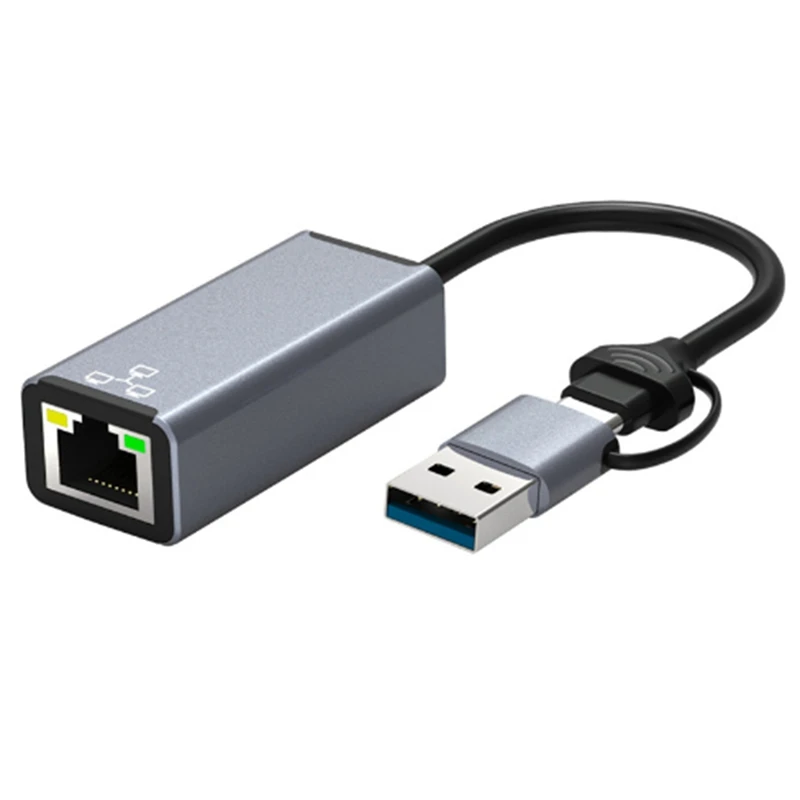 1 Бр. Двуглавия USB Type C Ethernet Адаптер Мрежова карта USB Type-C КЪМ RJ45 1000 Mbps Мрежов адаптер За настолен лаптоп0
