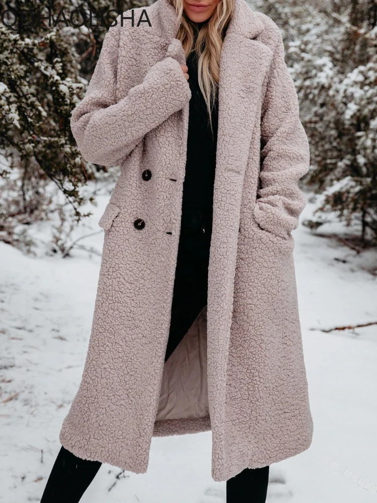 Дълго палто, женски топло монофонични топ с дълги ръкави, стегната елегантен дамски дрехи, зимни модни и ежедневни връхни дрехи, Плюшен нова яке0
