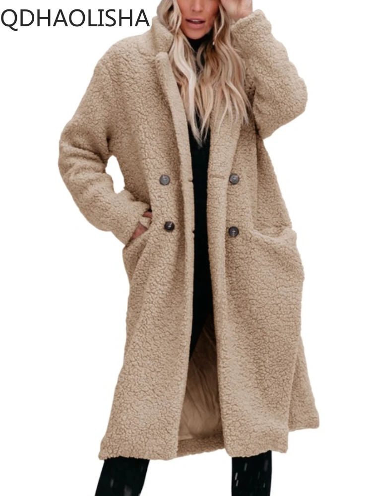 Дълго палто, женски топло монофонични топ с дълги ръкави, стегната елегантен дамски дрехи, зимни модни и ежедневни връхни дрехи, Плюшен нова яке1