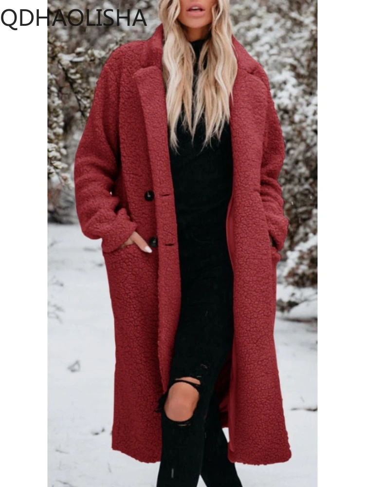 Дълго палто, женски топло монофонични топ с дълги ръкави, стегната елегантен дамски дрехи, зимни модни и ежедневни връхни дрехи, Плюшен нова яке3