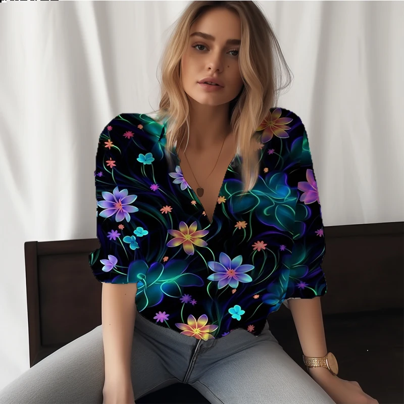 Лятна нова дамска риза с цветни флорални 3D принтом, женска риза в разговорния стил, на женската риза, модна тенденция, благородна женска риза3