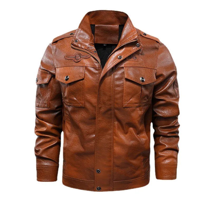 Ново мъжко пролетно-есенни коварен модно палто Кожено яке в мотоциклетном стил, Ежедневни якета с висока яка, Топло палто1