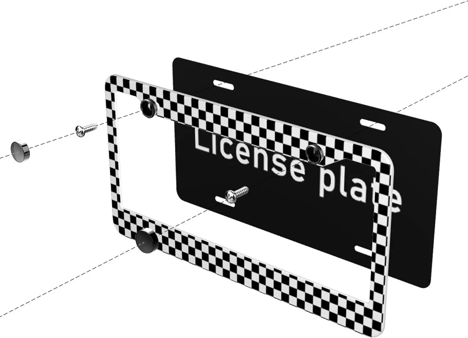 Черно-бялата рамка за регистрационен номер в шахматна дъска модел, Черно-бял капак за автомобилната бележки в шахматна дъска модел, Алуминиеви Рамки за автомобилни регистрационни табели3