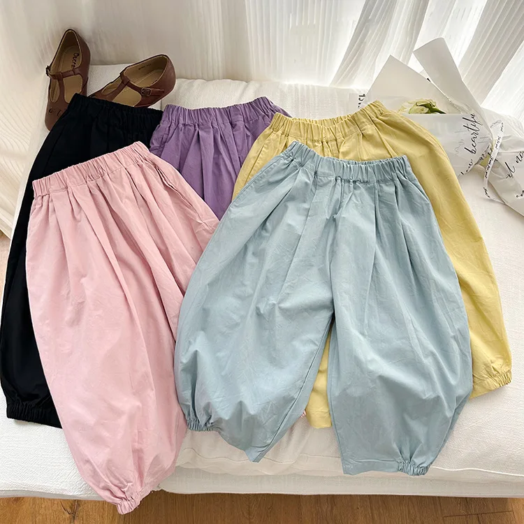 Летни модни тънки 5 цвята за малки момичета, ежедневни свободни панталони, стръмни панталони, памучни панталони5