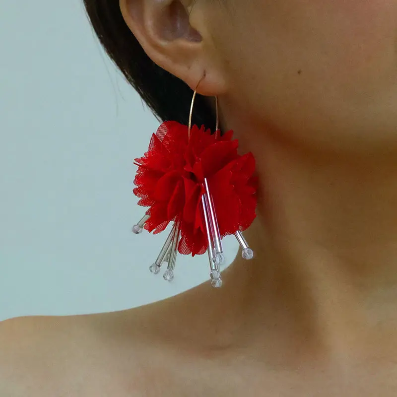 Модни Преувеличени обеци Ръчно изработени от плат с имитация на Цвете Дамски обици2