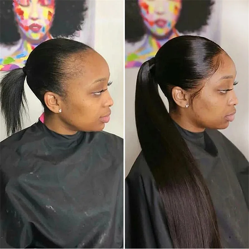 Пряка човешка Коса, обвързани в опашката За черни жени, Вълшебна стикер за удължаване на косата3