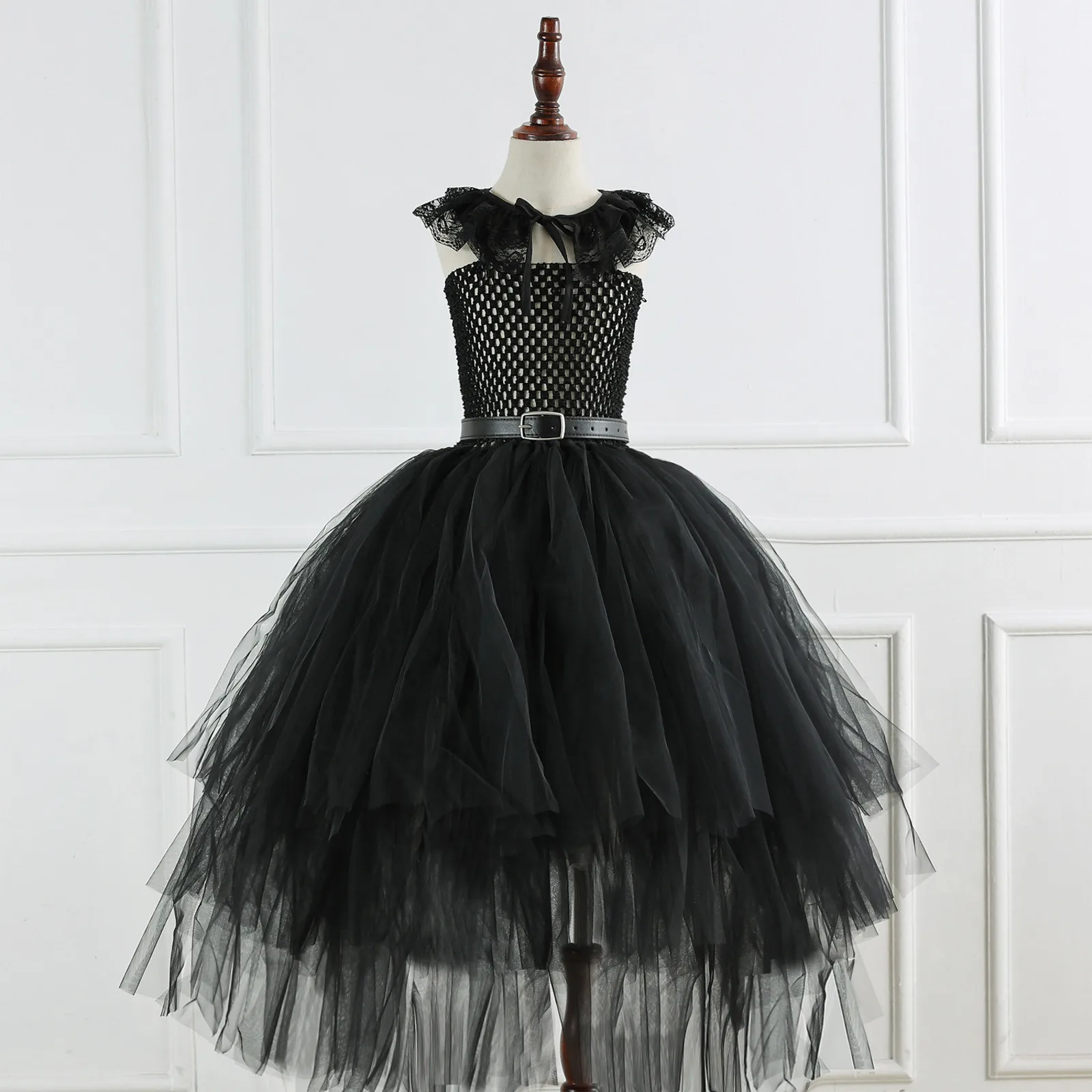 Черна Вечерна рокля за момичета, Детски рокля от тюл без ръкави, Празнична рокля, Вечерна рокля за парти, костюм за cosplay + Колан + лейси наметало0