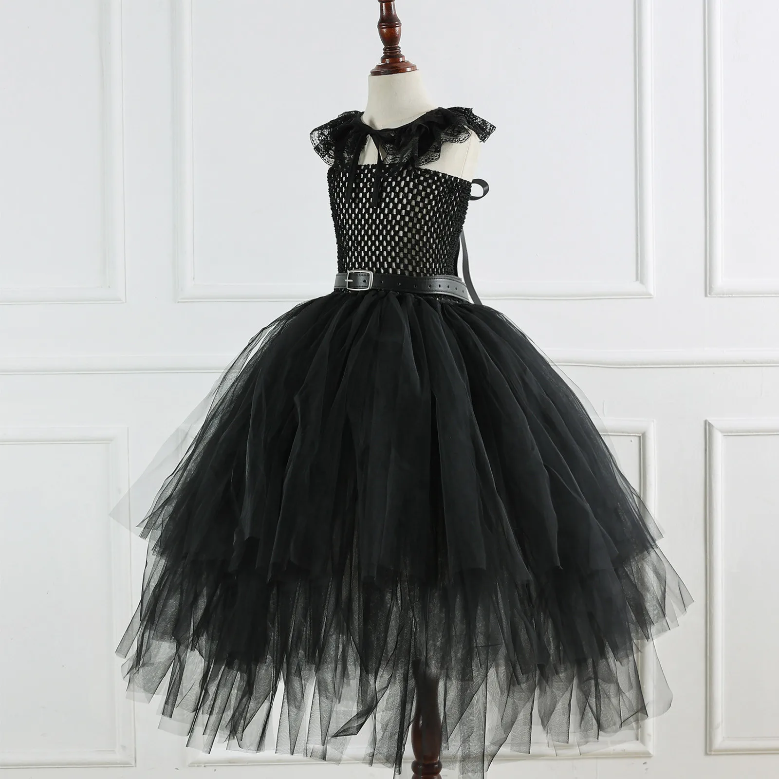Черна Вечерна рокля за момичета, Детски рокля от тюл без ръкави, Празнична рокля, Вечерна рокля за парти, костюм за cosplay + Колан + лейси наметало1