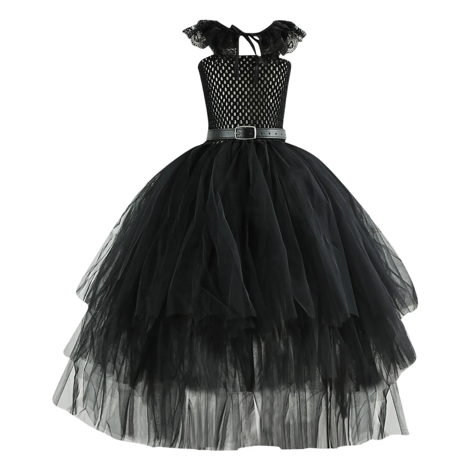Черна Вечерна рокля за момичета, Детски рокля от тюл без ръкави, Празнична рокля, Вечерна рокля за парти, костюм за cosplay + Колан + лейси наметало3