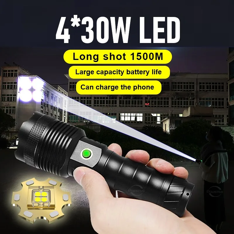 4 * 30 W за Най-мощен led фенерче Super Long Shot Факел Висока Мощност USB Акумулаторни фенери флаш Tail Hammer Тактически фенери0
