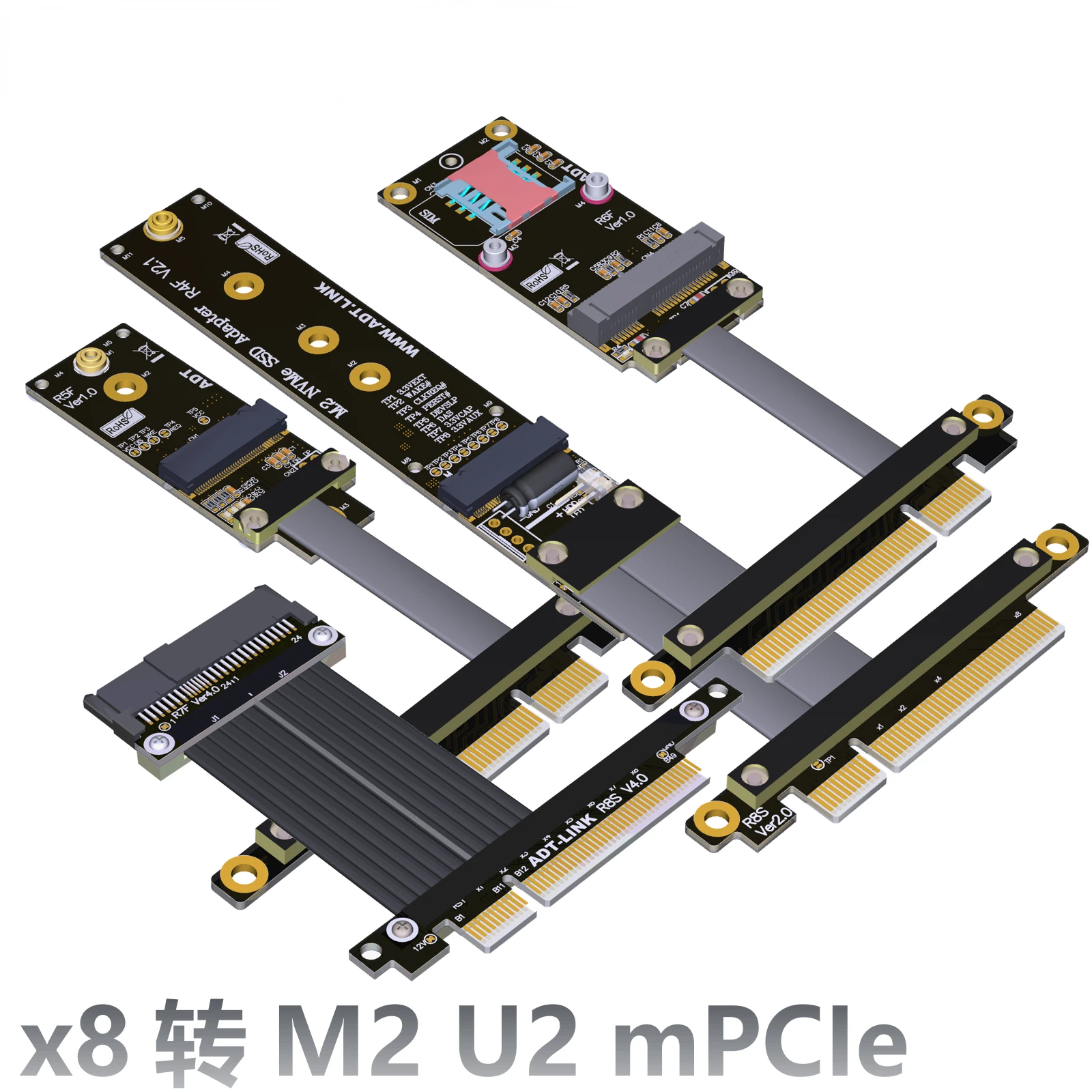 Карта на PCI Express X8 за M. 2 WiFi M. 2 NVMe U. 2 SSD СФФ-8639 mPCIe Графичен удължител GPU Кабел Странично 8x Адаптер-разклонител на дънната платка1