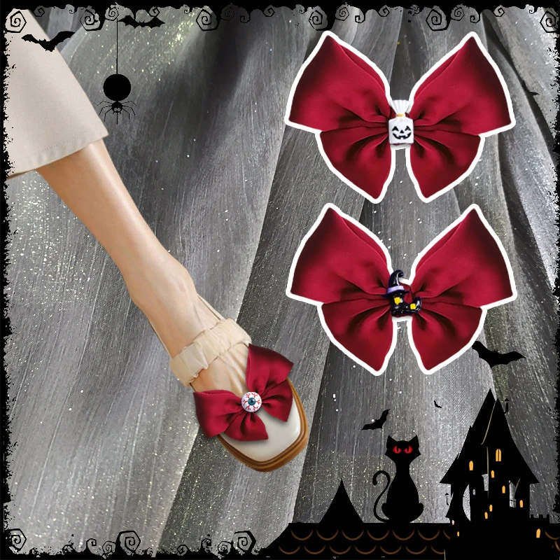 2 броя червени скоби за обувки на Хелоуин, чанта на ужасите за очите, Обтегач за обувки, Подвижни лък, украса за обувки за жени, украса за обувки0