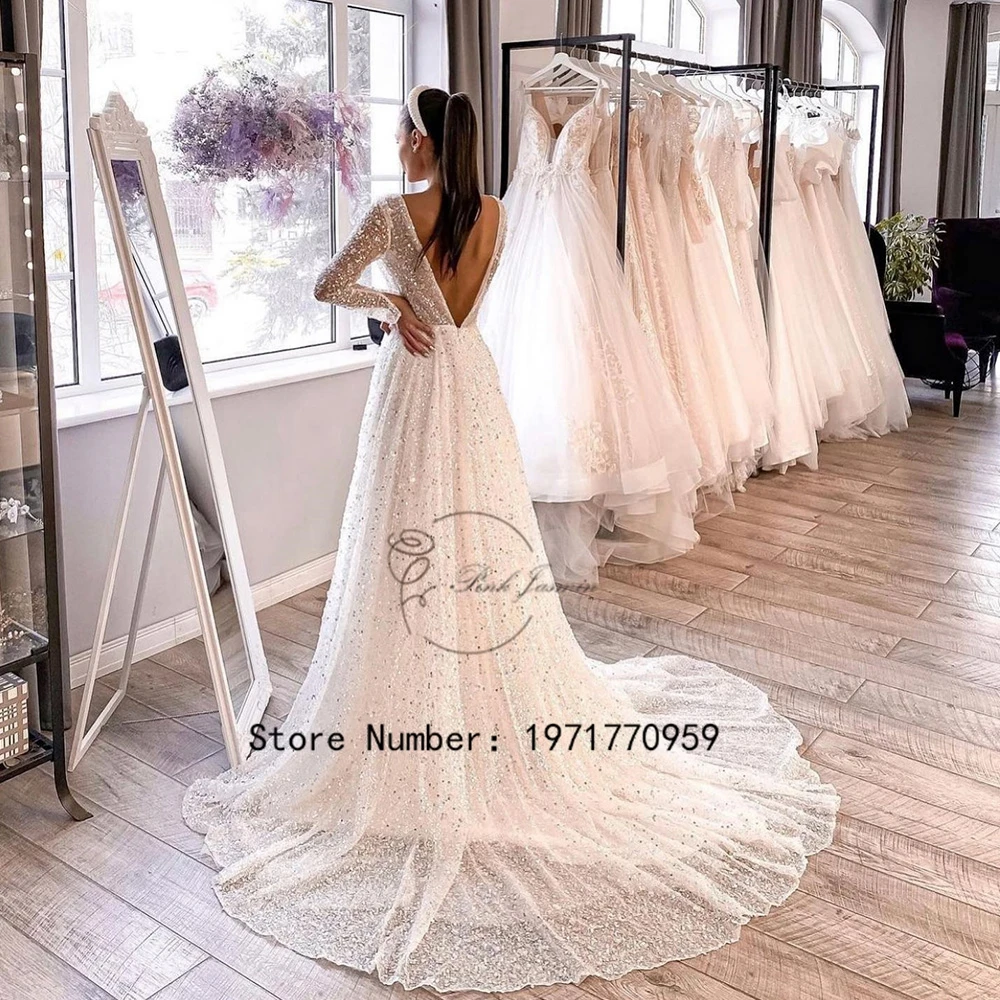 Блестящи Прекрасни Сватбени рокли с кръгло деколте За жени Класически Придворен Струята С дълъг ръкав на Сватбена Рокля От Тюл Vestido De Новия1