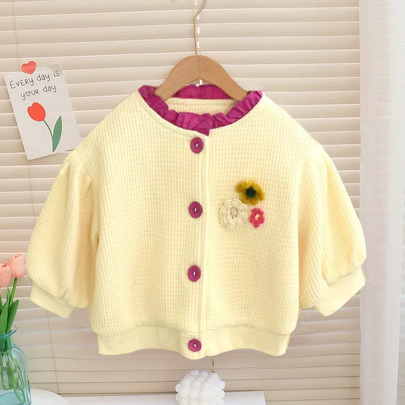 Детска Жилетка, вязаный пуловер, Връхни дрехи в корейски стил, пролетта, есента рокля с дълги ръкави за момичета на цветенце от 1 до 4 години1