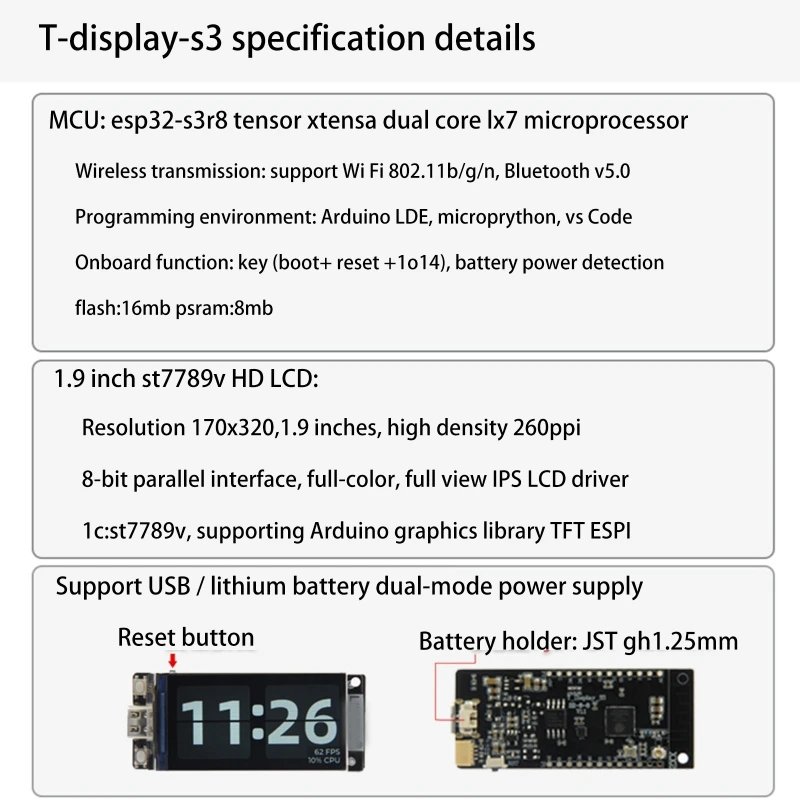 1,9-инчов LCD дисплей ST7789, такса за разработка на T-Display-S3, Wi-Fi, Bluetooth-съвместим Безжичен модул 5,0, двойна2