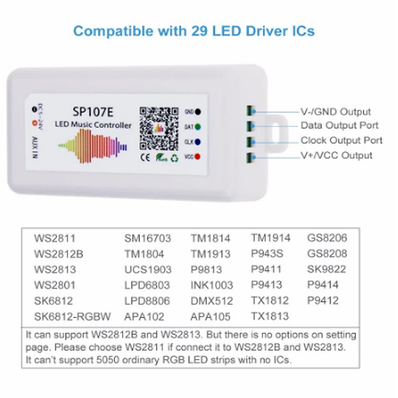 SP107E Bluetooth-съвместима led музикален контролер, Цветни Пикселова контролери IC от Smart Phone APP за led лента WS2812B WS28111