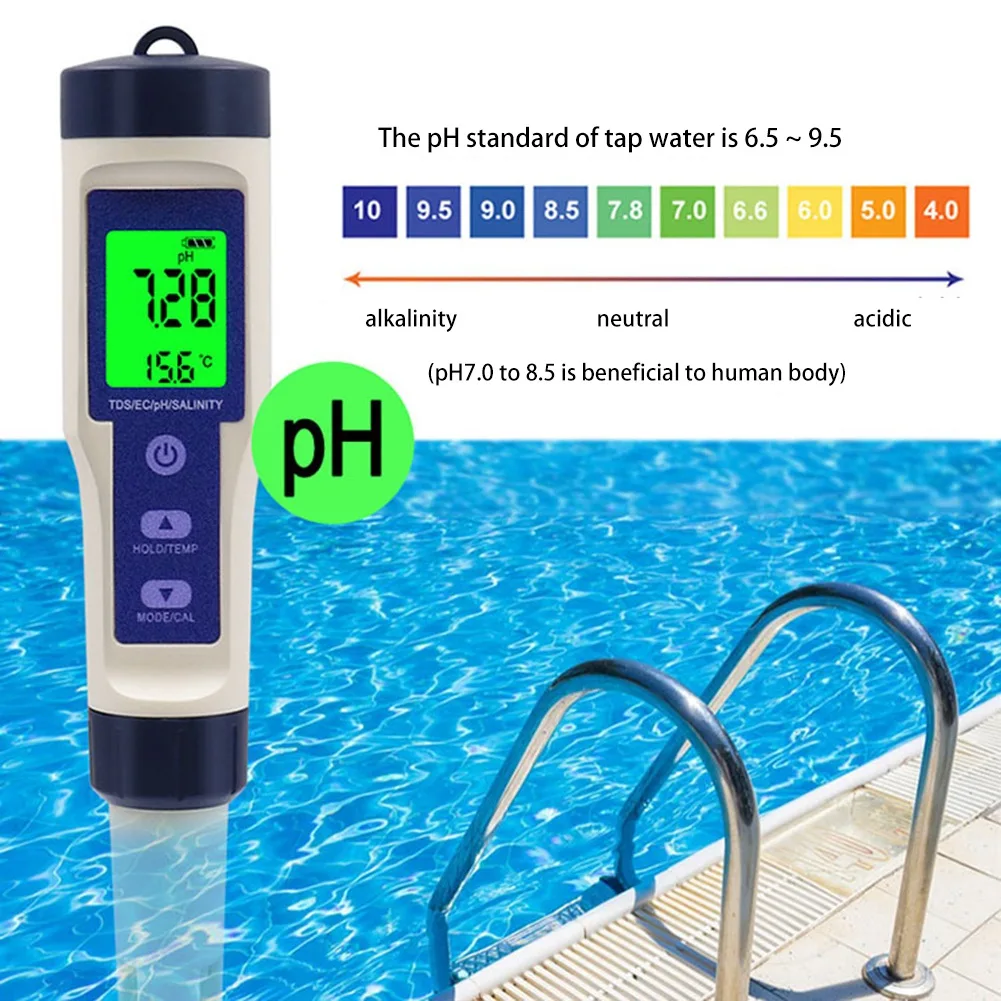 5 в 1 Цифров Измерител на Температурата TDS/ЕО/PH/Соленост на мониторинг на Качеството на Водата Тестер за Басейни, Питейна вода, Аквариуми2