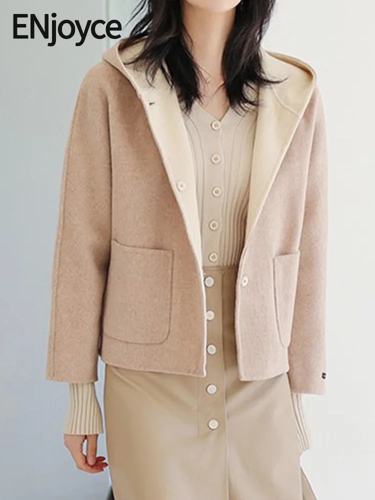 Enjoyce, женски винтажное однобортное вълна палто с качулка, Съкратен топ, Корейската мода, двустранен яке с качулка, есен-зима0