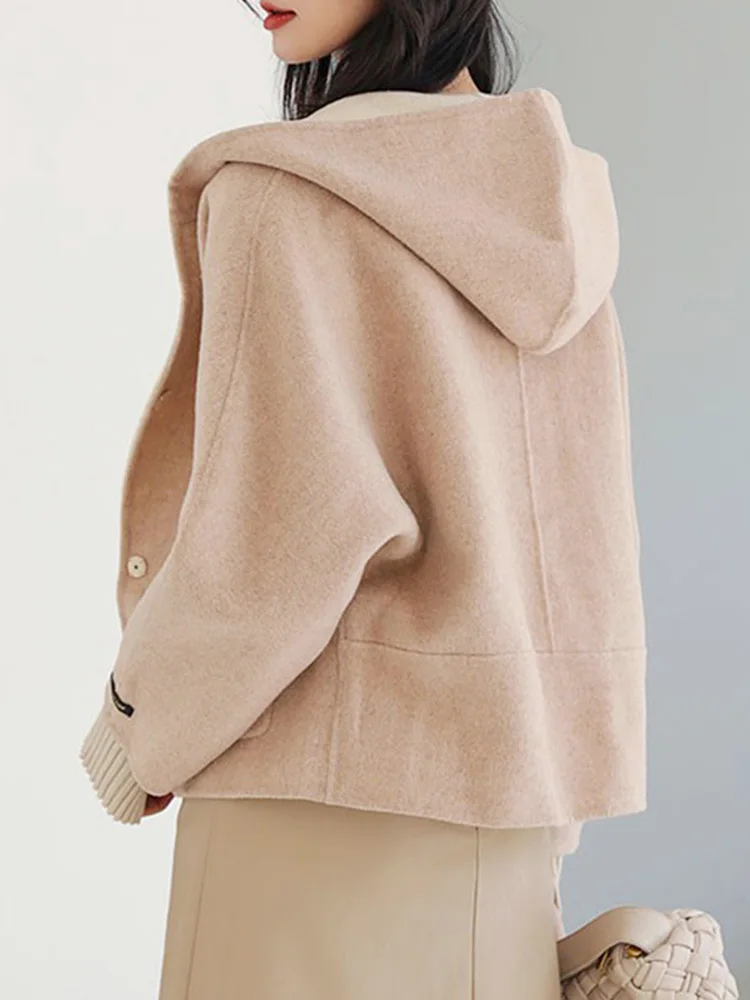 Enjoyce, женски винтажное однобортное вълна палто с качулка, Съкратен топ, Корейската мода, двустранен яке с качулка, есен-зима1