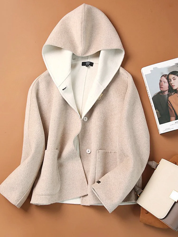 Enjoyce, женски винтажное однобортное вълна палто с качулка, Съкратен топ, Корейската мода, двустранен яке с качулка, есен-зима2