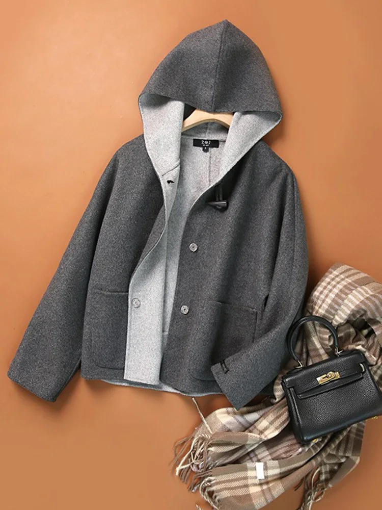 Enjoyce, женски винтажное однобортное вълна палто с качулка, Съкратен топ, Корейската мода, двустранен яке с качулка, есен-зима4