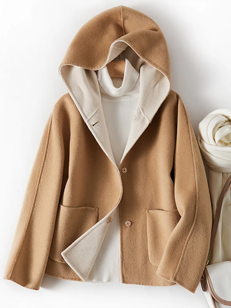 Enjoyce, женски винтажное однобортное вълна палто с качулка, Съкратен топ, Корейската мода, двустранен яке с качулка, есен-зима5