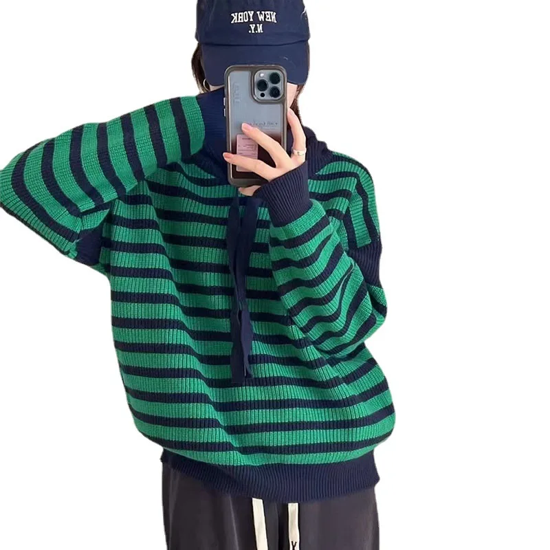2023 Шарен Пуловер с качулка, Женски Свободна Горна дреха в стил ретро, Вязаный пуловер в контрастен цвят, с качулка в западен стил4