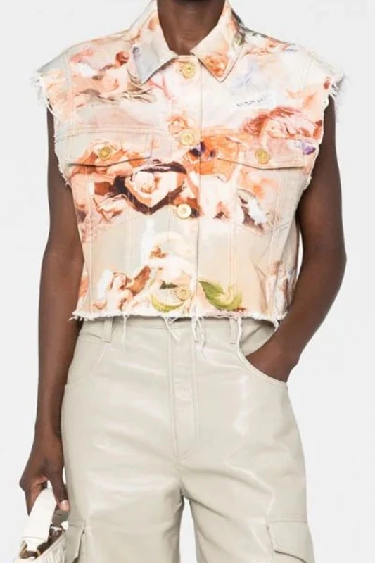 Лято 2023, Нова дамски Къс яке без ръкави в стил Ретро С корейски принтом, яка-поло, риза, Яке копчета, Готическия5