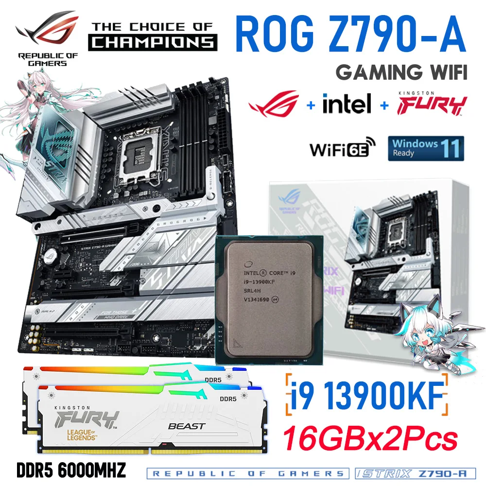 Процесор Intel Core i9 13900KF ASUS ROG STRIX Z790-A GAMING WIFI DDR5 PCI-E 5.0 M. 2 дънна Платка Kingston 6000 Mhz 32 GB RGB RAM Kit0