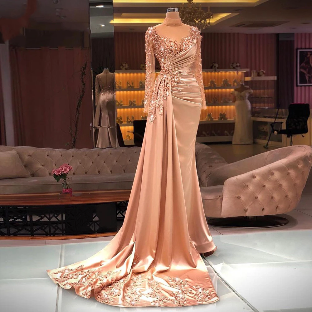 Частно Произведено по поръчка Елегантен Арабски Вечерна Рокля Русалка за жени с Дълги ръкави и високо деколте в Дубай, Мюсюлманската Вечерна рокля за Абитуриентски бал0