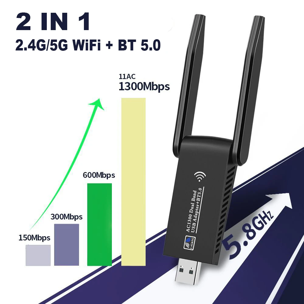 1300 Mbps с USB 3.0, WiFi, Bluetooth 5,0 Адаптер 2в1 Ключ двойна лента 2,4 G и 5 Ghz WiFi 5 Мрежова Безжична Wlan приемник на ВОДАЧА БЕЗПЛАТНО1