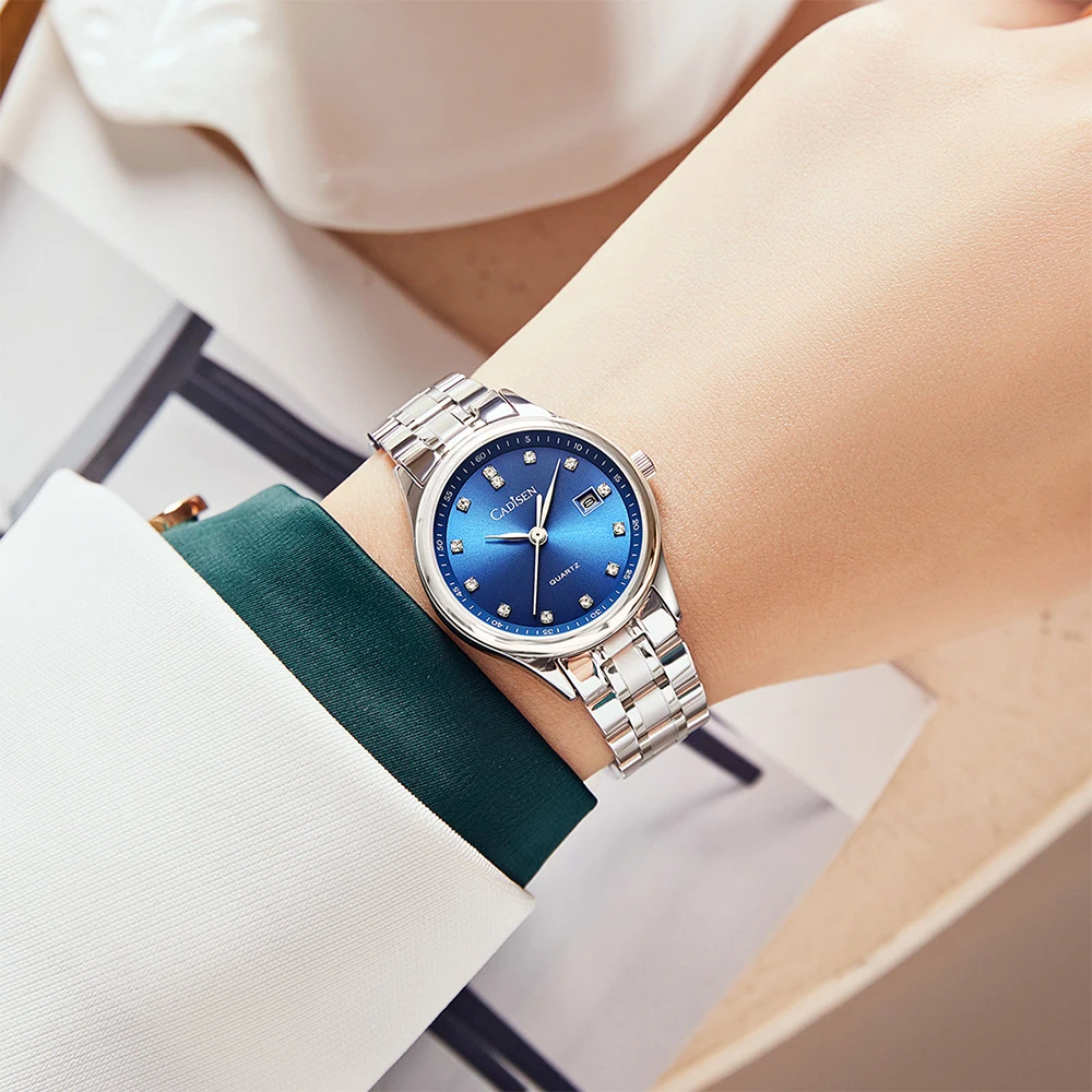 Дамски кварцов часовник CADISEN, Ежедневни бизнес Сребристо-Сини Водоустойчив часовник С японски механизъм, каишка от неръждаема стомана, Календар1