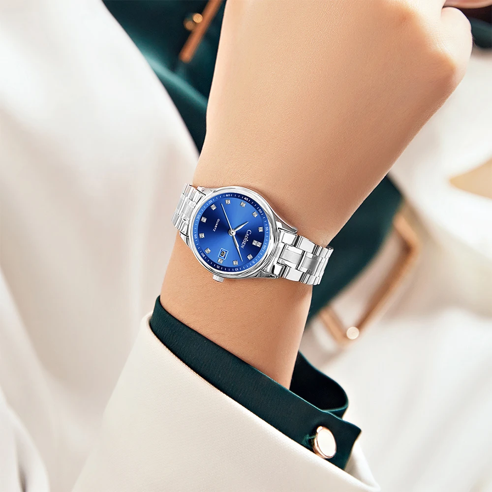 Дамски кварцов часовник CADISEN, Ежедневни бизнес Сребристо-Сини Водоустойчив часовник С японски механизъм, каишка от неръждаема стомана, Календар2